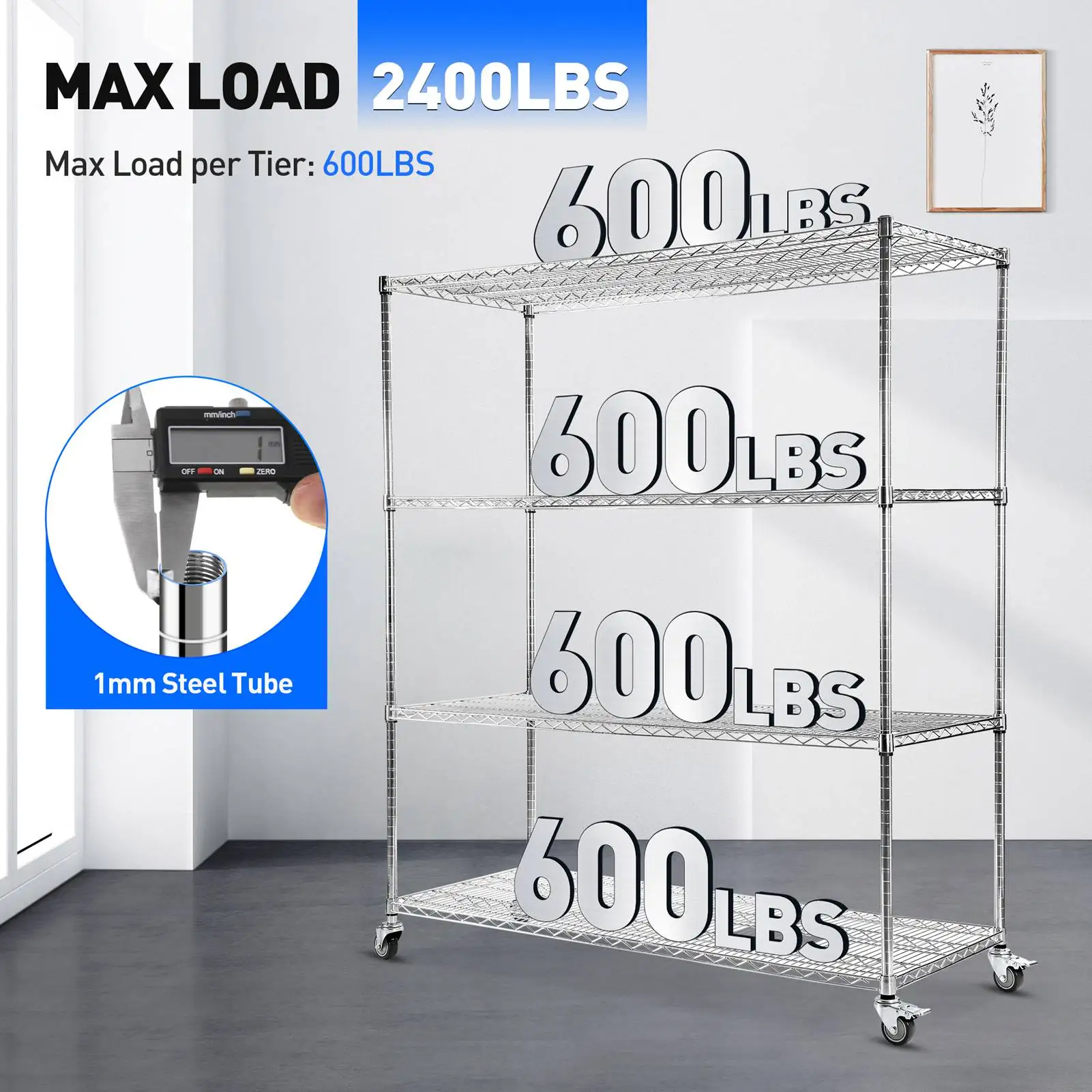 

4-Tier Rolling Shelving Unit, Silver Metal Utility Cart with Wheels for Kitchen, Office, Garage Storage, Adjustable Shelves, Hea
