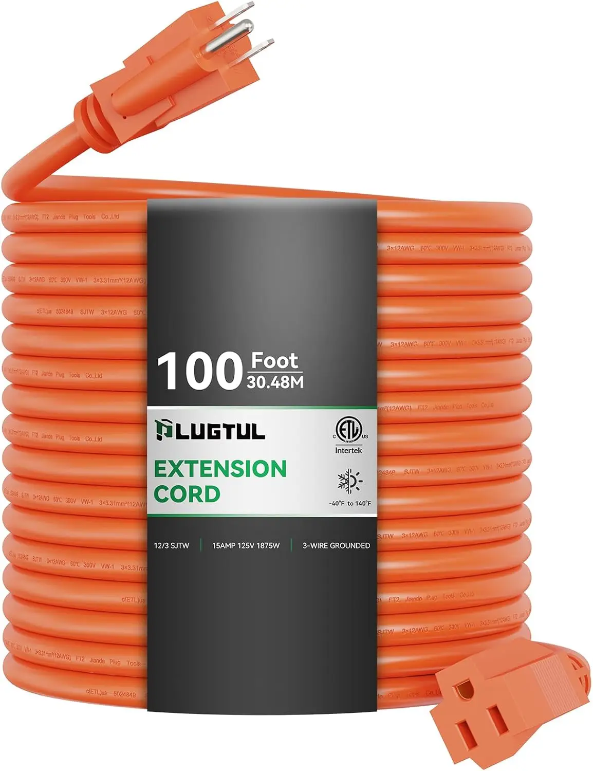 100 FT 12/3 Outdoor Extension Cord Waterproof, Heavy Duty 12 Gauge SJTW Extension Cord, 15A 1875W, ETL Listed,