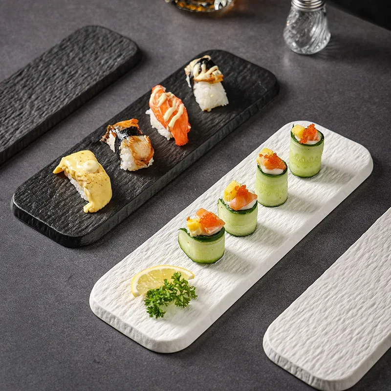 Black and white solid color rock grain rectangular plate ceramic long plate Sashimi plate inventory heart sushi utensils