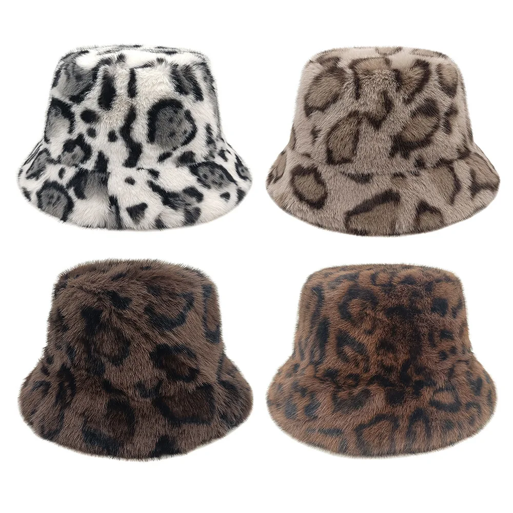 Leopard Print Fluffy Fur Bucket Hat Winter Outdoor Keep Warm for Women Windproof Panama Hat Fashion Thickened Warm Fisherman Cap