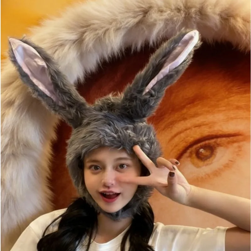 3pcs/Fuzzy Bunny Ear Beanie with Moving Ears - Soft Faux Fur Winter Hat for Women, Cute Animal Costume Hat with Floppy Ears