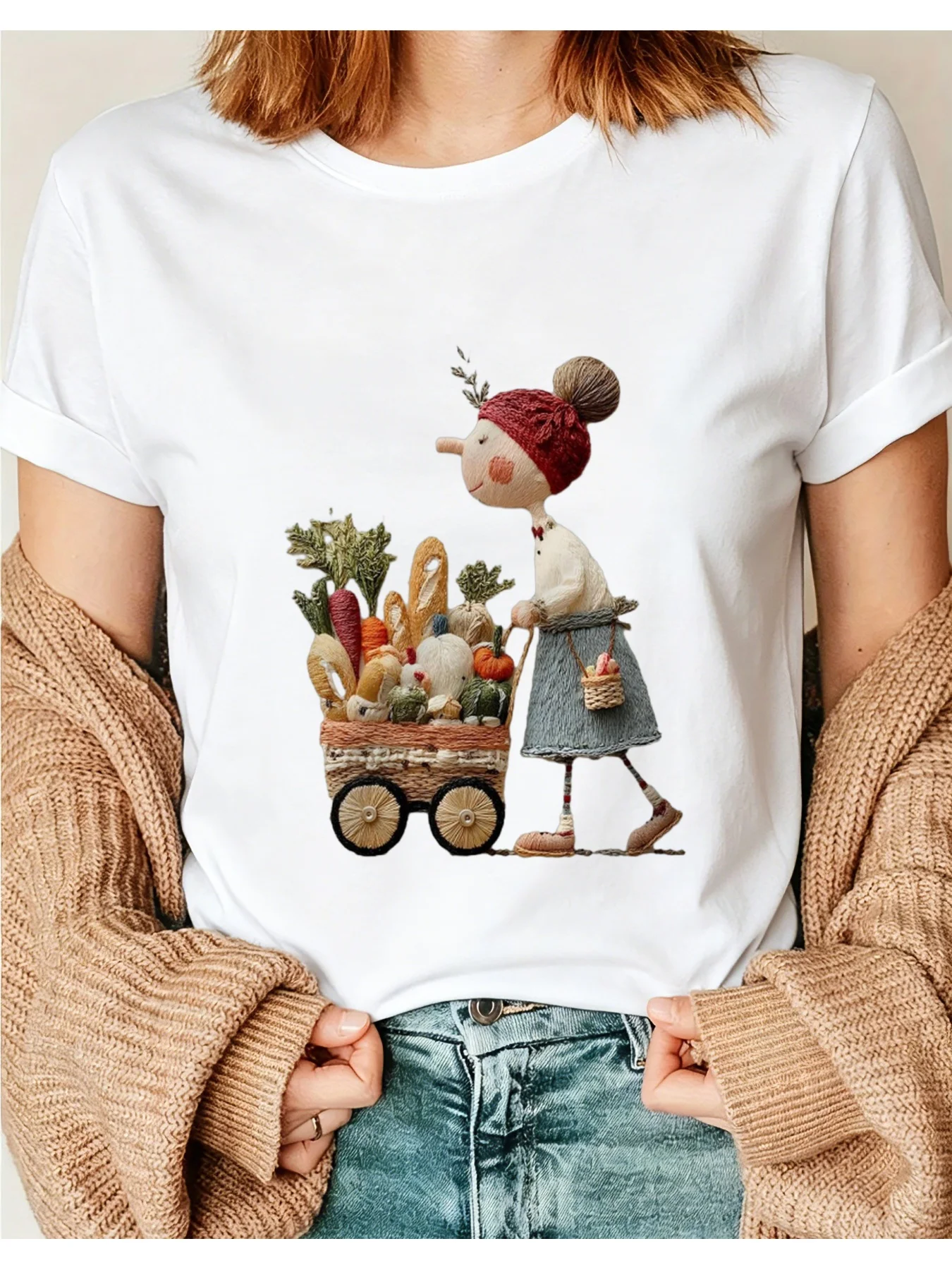 Women's Casual Short-Sleeved Round-Neck T-Shirt with a Country-Style Print Featuring a Vegetable Cart and a Shame Doll Design, Perfect for Summer and Year-Round Wear, Ideal for Picnics, the Rusi01 Round-Neck Short-Sleeved Top Is Suitable for All Seasons