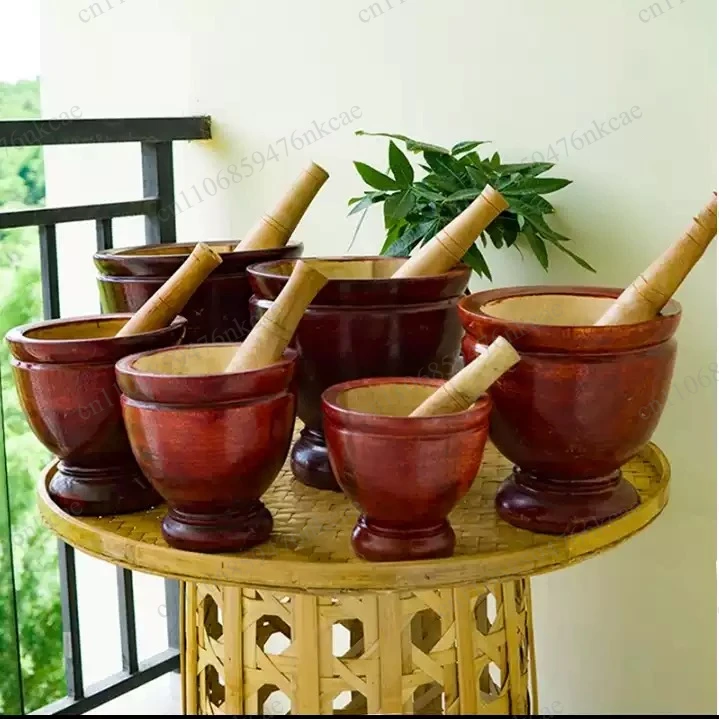 Wood mortar mixed with garlic, imported bird's nest, wood round mortar for household and commercial use