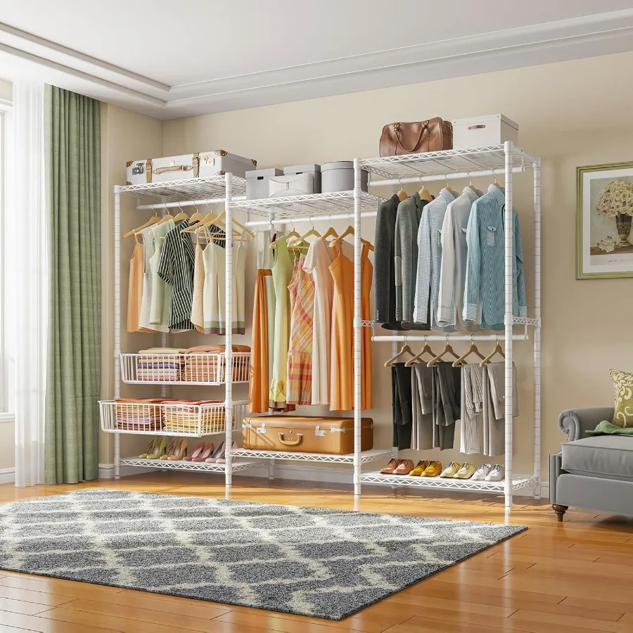 رف ملابس سلكي V10 مكون من 5 طبقات رف ملابس عالي التحمل رف ملابس كبير الحجم مع 4 قضبان تعليق و6 أرفف سلكية و2 قاعدة منزلقة