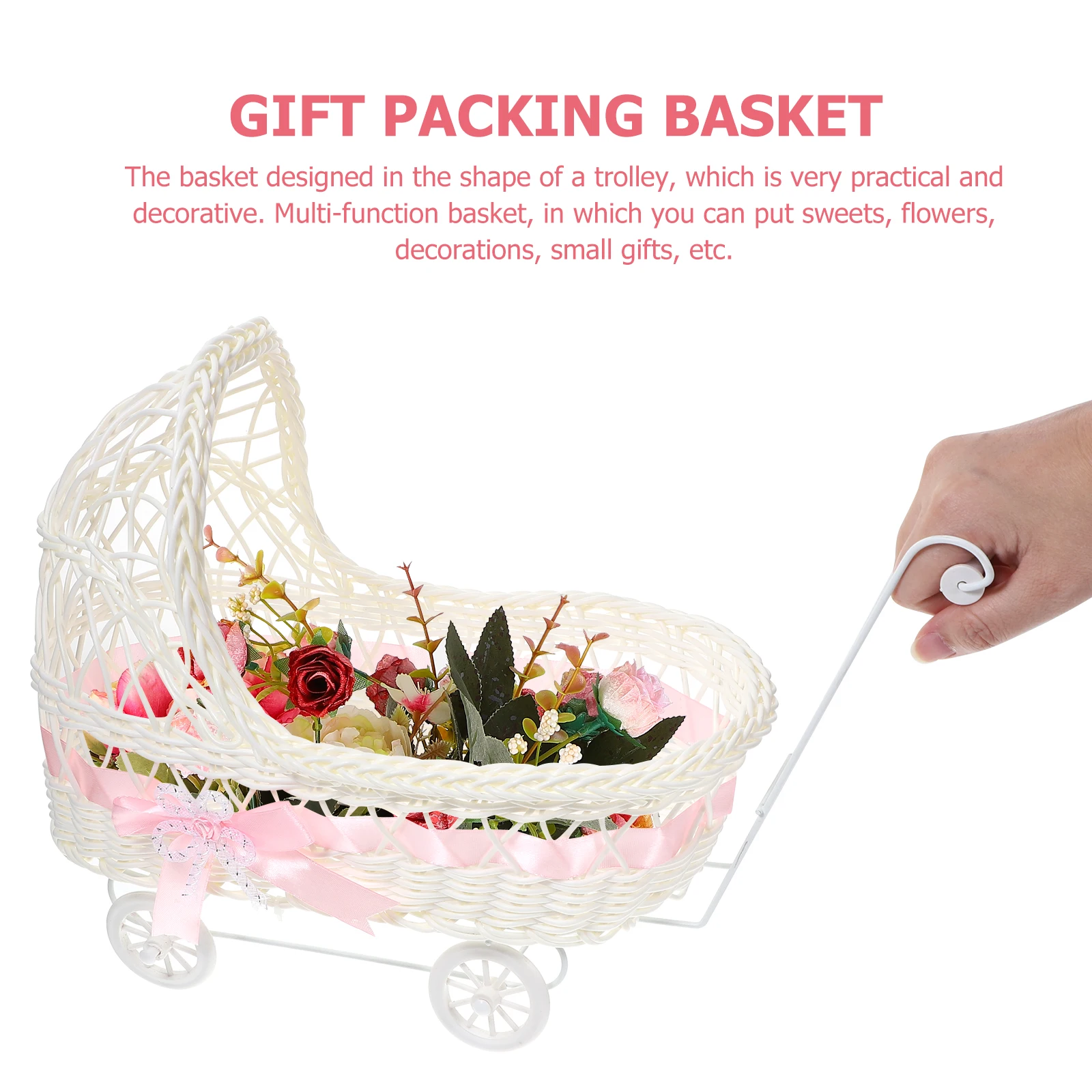 

Imitation Rattan Stroller Flower Basket Decorative Reusable Baby Shower Small Baskets Woven Handle Cutie Favors Candy Storage