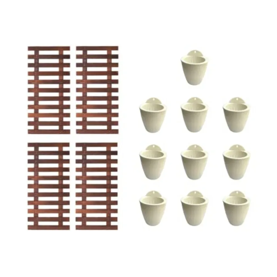 Indoor And Outdoor Wall-Mounted Vertical Garden Bundle: White Self-Watering 5 Pot + 4 Wooden Plant Holders, Orchid Planter Set