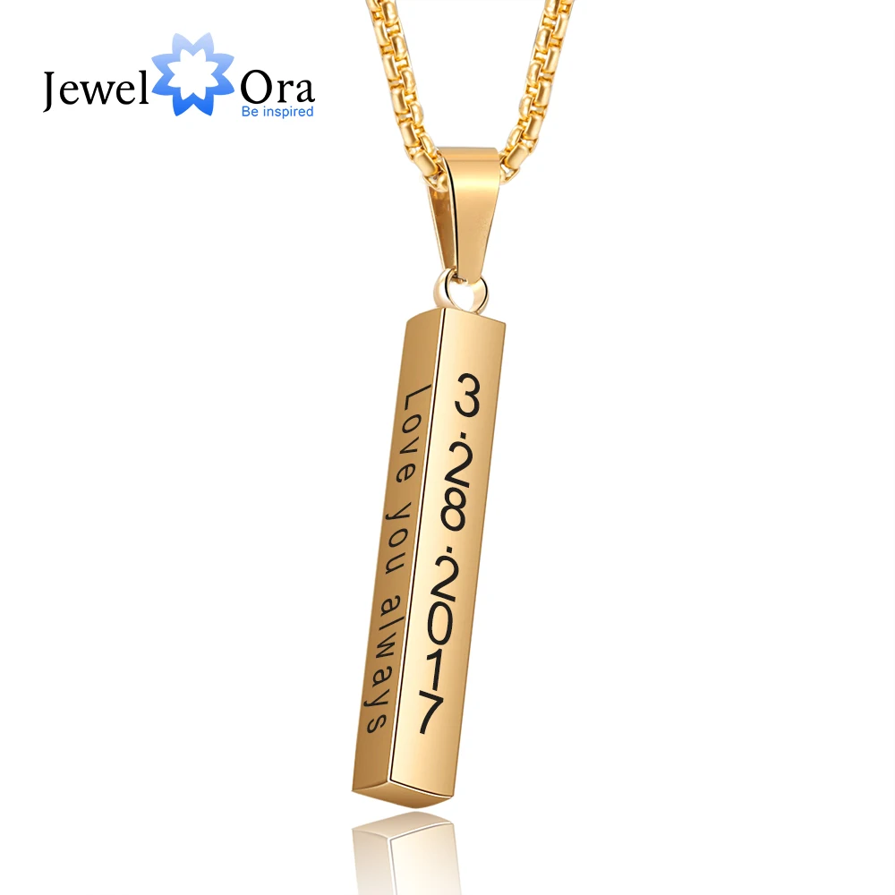 

JewelOra Personalized 4 Side Engraved Vertical Bar Necklace Stainless Steel Customized Name Men Pendant New Year Gift for Father