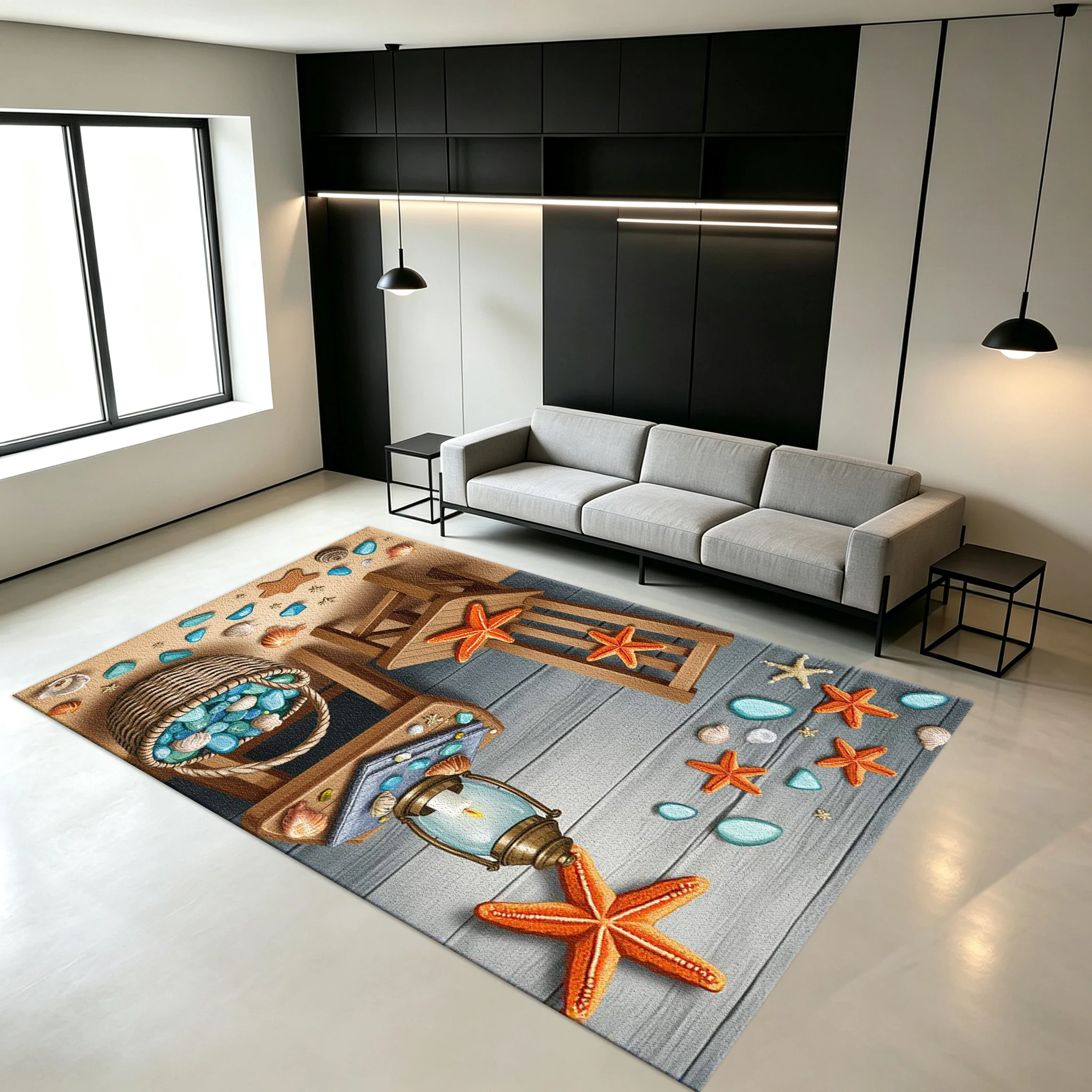 Coastal Beach Starfish Shell Carpet Nautical Ocean Style Printed Carpet Non-Slip Floor Mat Suitable for Bathroom Balcony Home Decoration