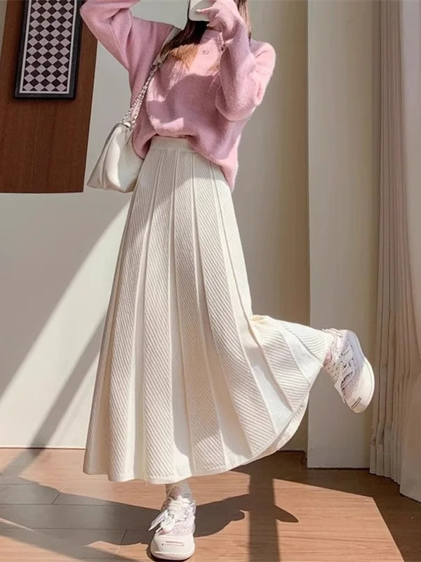 

Юбка в корейском стиле, приподнимающая фигуру, плиссированная, изящная, в рубчик, расклешенная, скрывающая бедра, средней длины