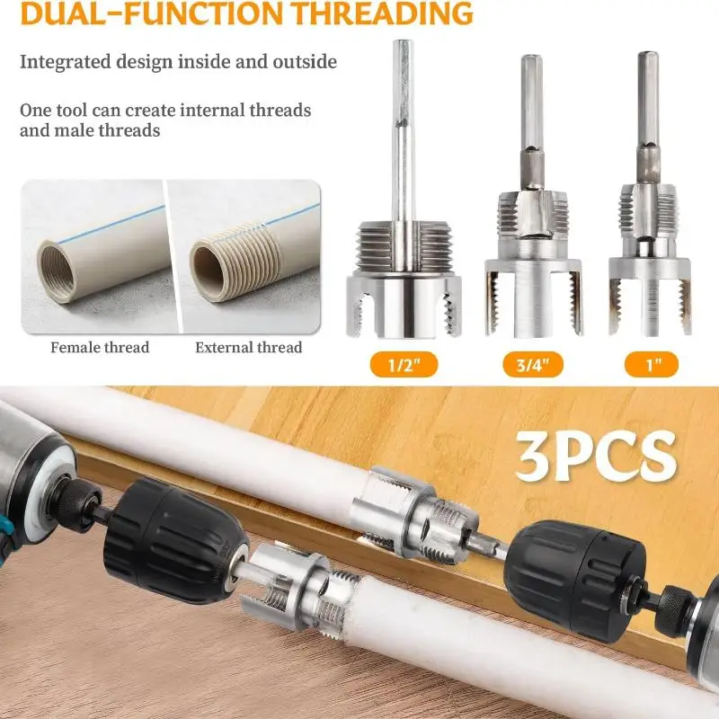 3Pcs Heavy-Duty PVC/Plastic Pipe Threading Tool Kit With 1/2