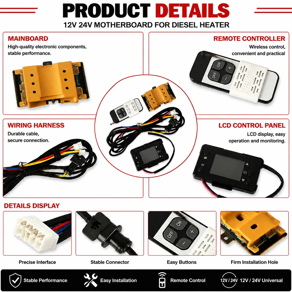 12V 24V Diesel Parking Heater Control Board Kit Universal Mainboard with LCD Controller Remote Wiring Harness