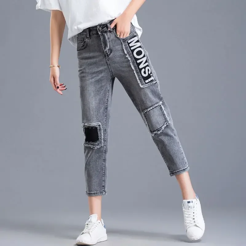 Cowboy Pants for Woman Letter High Waist Shot Trousers Medium Baggy Summer Clothes Women's Harem Jeans Office Streetwear Xxl Z R