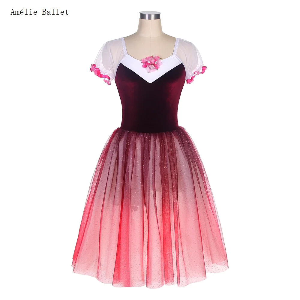 

22066 Short Sleeves Burgundy Velvet Bodice Ballet Dress Romantic Long Ballet Tutu Costumes Girls & Women Performance Dance Wear