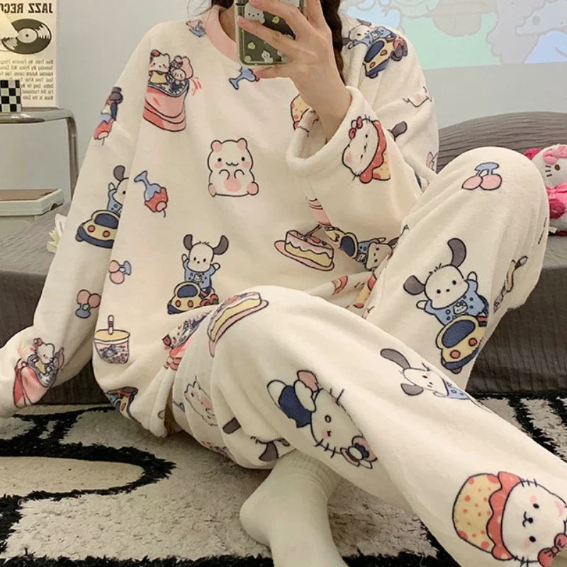 

Sanrio Hello Kitty Pochacco Printing Ladies Pajamas Cartoon Anime Round Neck Long-sleeved Trousers Suit Loose Leisure Homewear