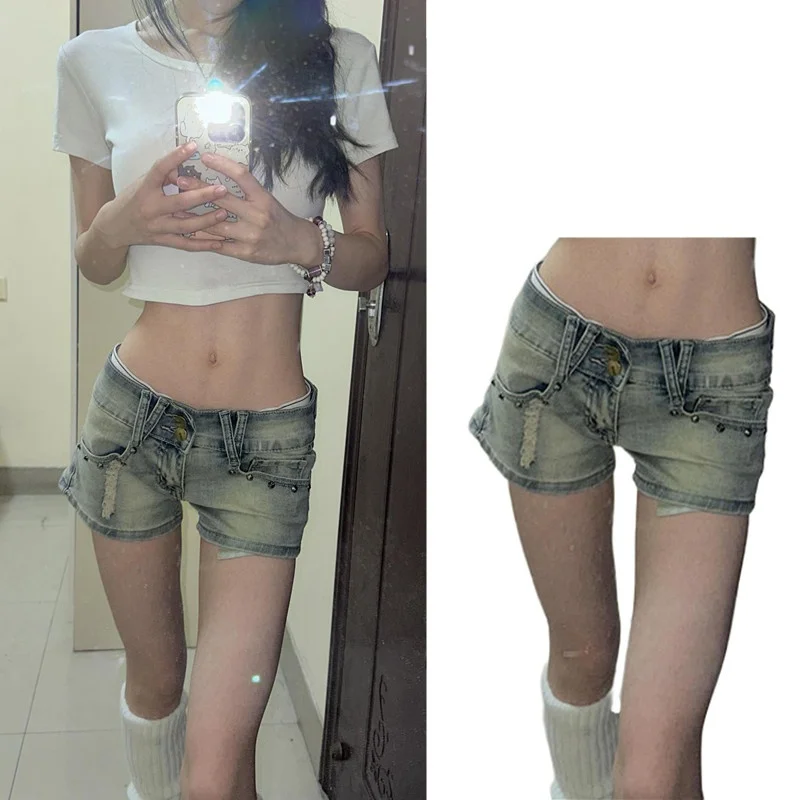 

Ретро-американская джинсовая юбка с заклепками и прорезями, ультракороткая, женская, с низкой талией, сексуальная, А-силуэт, эластичная, подчеркивающая ягодицы, летняя, модная, для повседневной носки