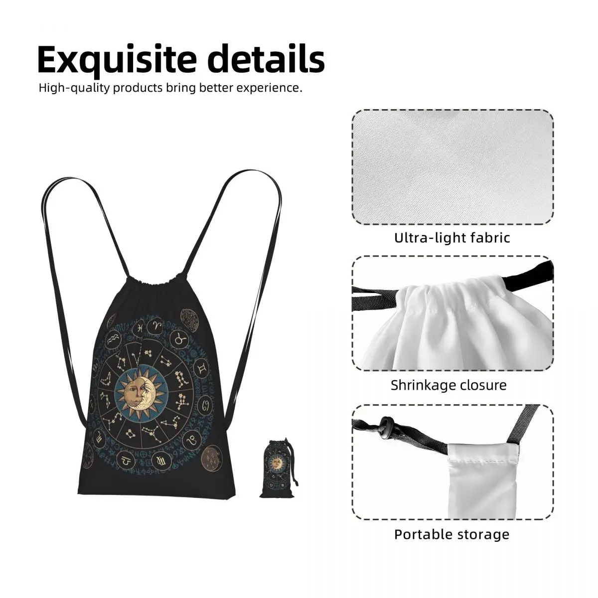 Horoscope Wheel With Zodiac Signs Drawstring Backpack Sports Gym Bag Portable Travel Drawstring Bag for Men Women