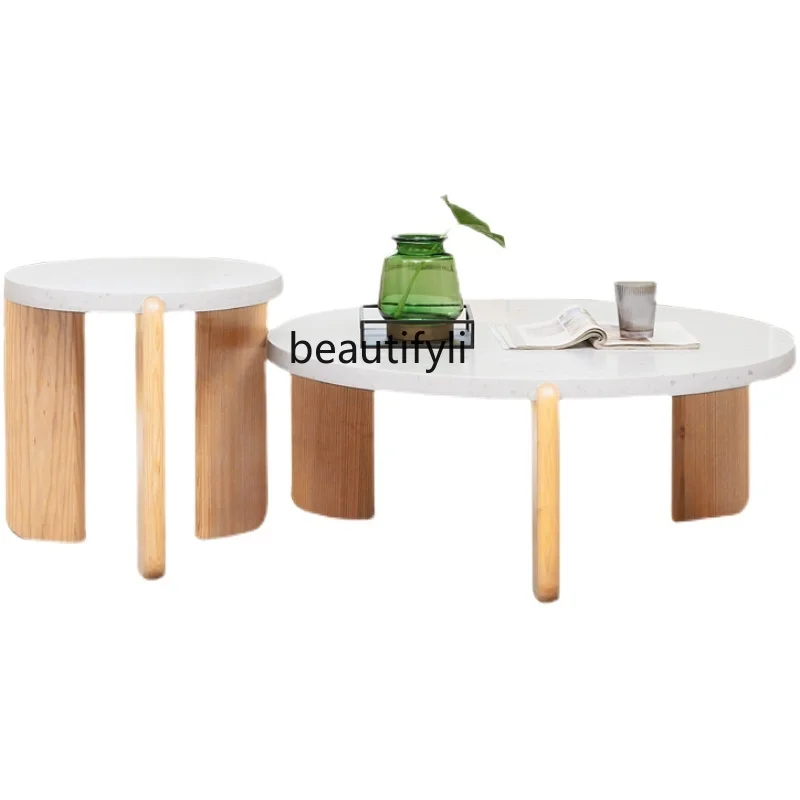 

Modern Minimalist Solid Wood Living Room round Tea Table Small Apartment Designer Minimalist Silent Style Terrazzo Coffee Table