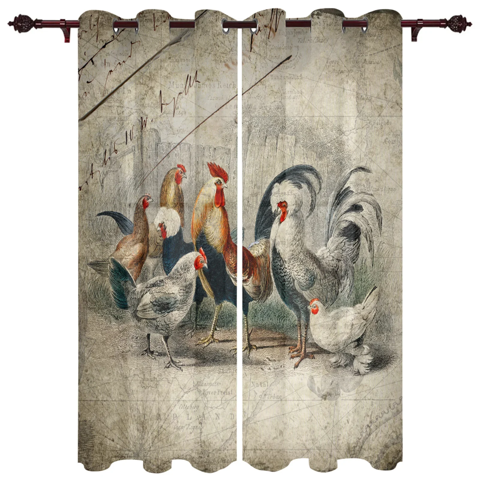 Farm Rooster Chicken Retro Illustration Window Curtains Home Decor Living Room Curtains Kid's Room Cortinas For Kitchen Bedroom