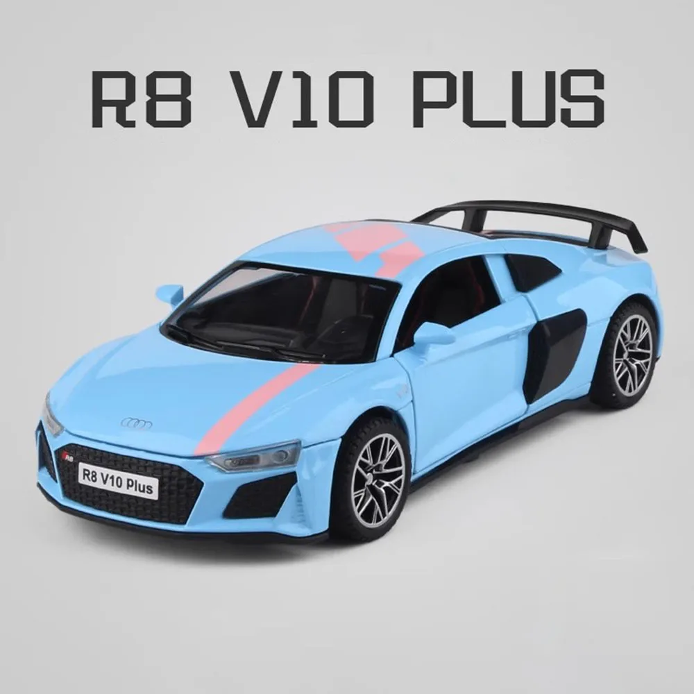 1:32 AUDI R8 V10 PLUS Sports Car Toy Miniature Model Alloy Diecast Light Sound Pull Back Vehicles Models Collection Gift Boys