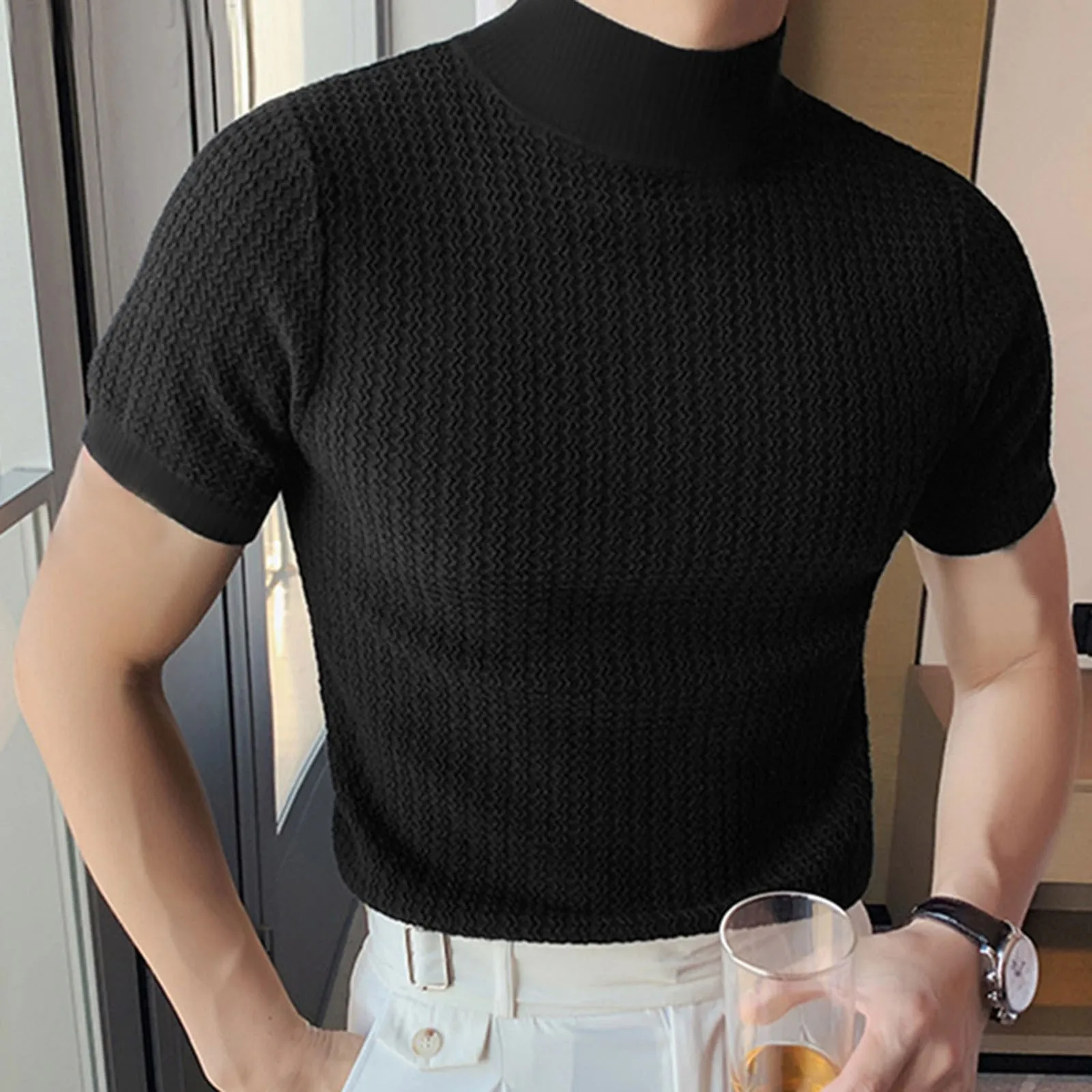 2023 Summer Tee Knitted Short Sleeve Half High Neck T-shirt Men\'s Slim Fit Pullover Round Neck Solid Knitting Shirt Korean Style