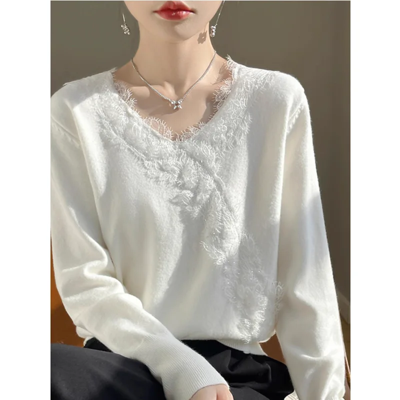 

Lace V-neck Knitted Sweater Autumn New 2025 Long Sleeve Versatile Loose Casual Base Layer