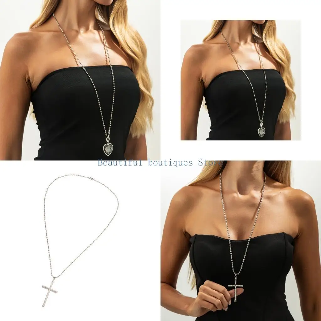 U4LF Elegant Heart Shaped Crosses Pendant Layering Necklace Featuring Sparkling Acrylic Diamonds Alloy Material for Sensitive
