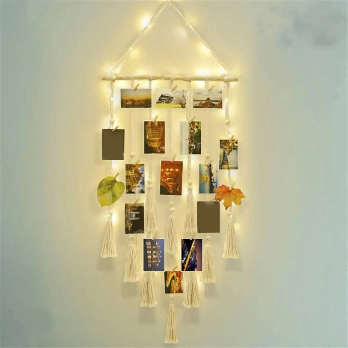 Abjs parede pendurado imagem display macrame com luz de fada e clipe boho tecido foto colagem quadro borlas bege