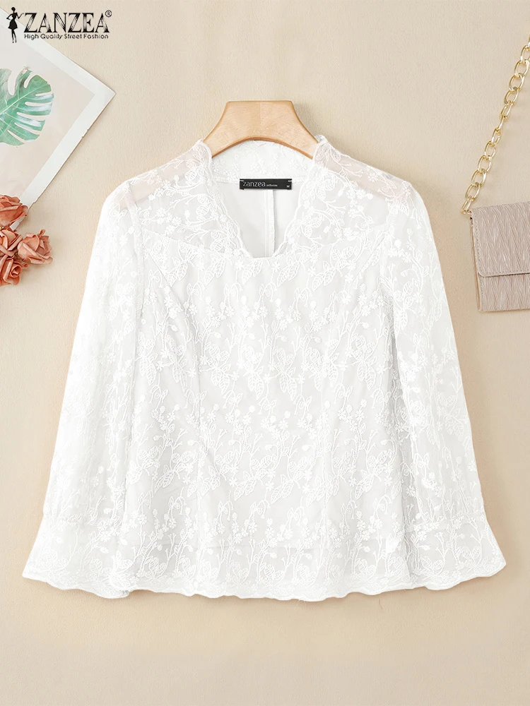 

2025 ZANZEA Elegant Women Blouses Summer Lace Crochet Shirt Fashion V Neck Half Sleeve Work Tops Casual Embroidery Party Blusas