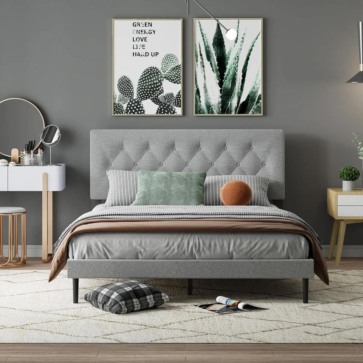 

Full Size Bed Frame with Upholstered Button Tufted Headboard, Wooden Slat Support, Noise-Free,No Box Spring Needed,Easy Assembly