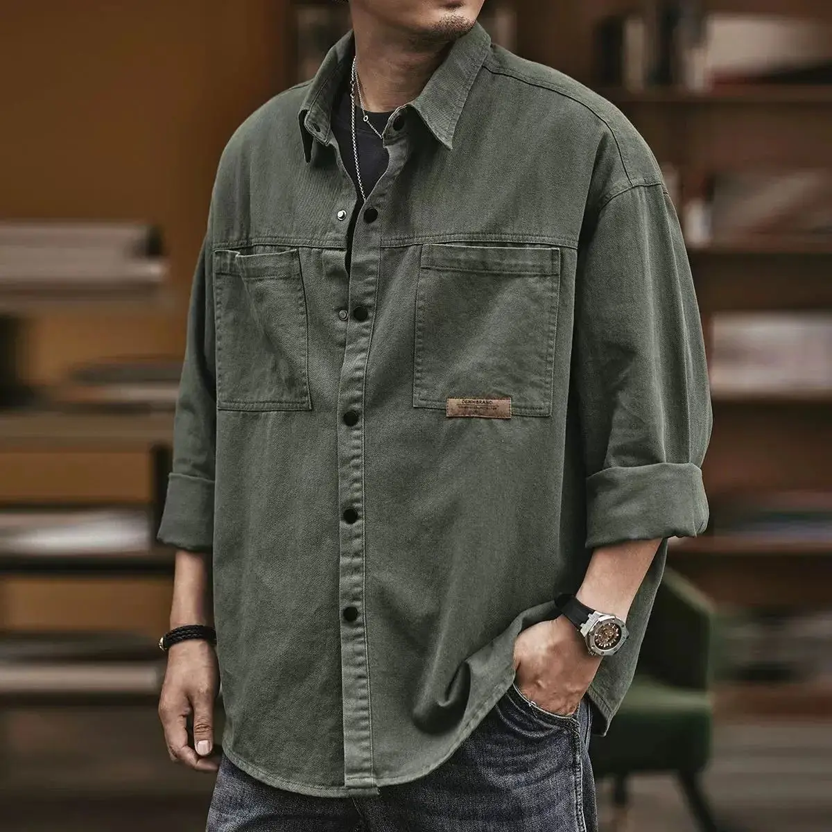 Tooling Shirt Jacket Men's Spring and Autumn Loose Casual Top Solid Color Cardigan Lapel Jacket Men