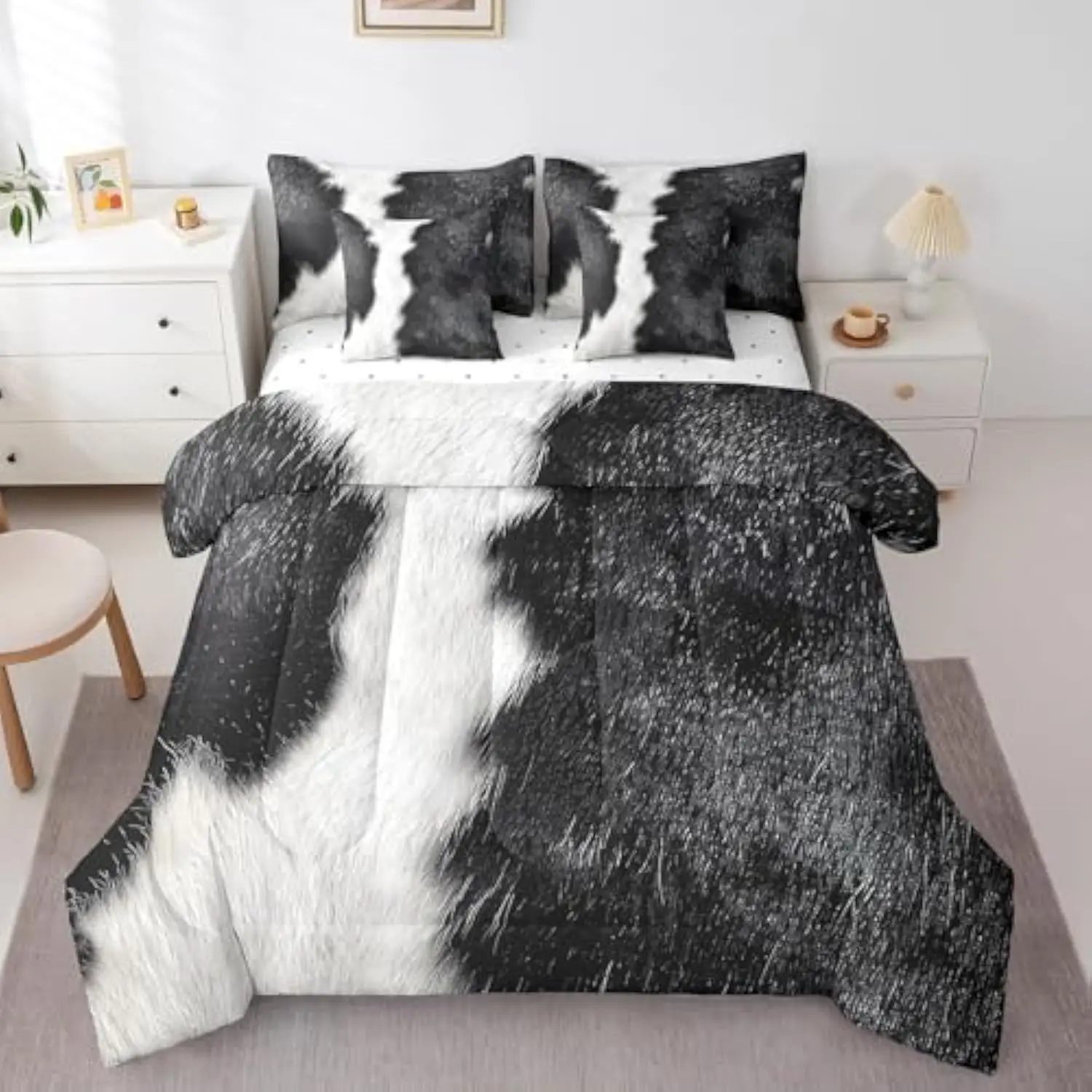 

7Pcs Black and White Cowhide Comforter Sets Queen Size, Cow Gifts Comforter Set Bed in A Bag(1 Comforter, 1 Flat Sheet 1 Fitte