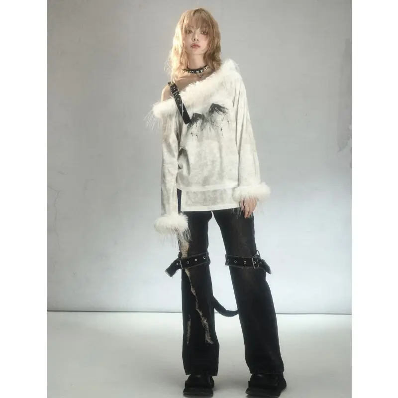 Furry Slash Neck Off Shoulder Long Sleeve Tee Grunge Punk Vintage Printed All-match Top Y2k Aesthetic Clothes E-girls Grunge