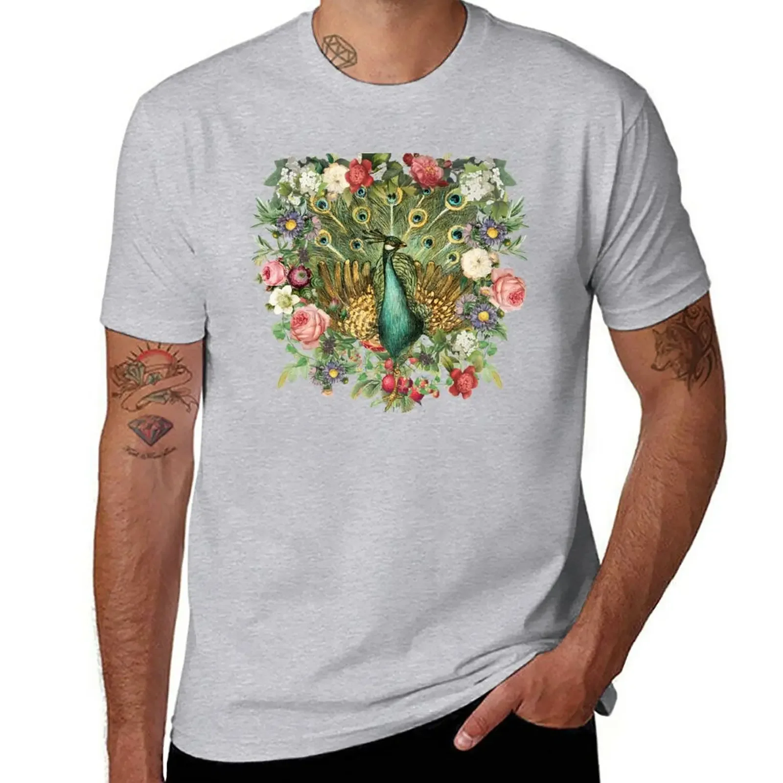 

Ornate Indian Peacock And Beautiful Decorative Cascading Flowers T-Shirt sweat men clothes