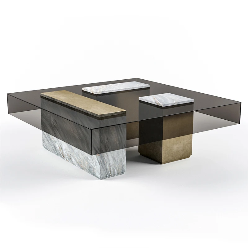 Italian Style Natural Marble Coffee Table Tempered Glass Light Luxury Square Transparent Design for Villa Hotel Living Room