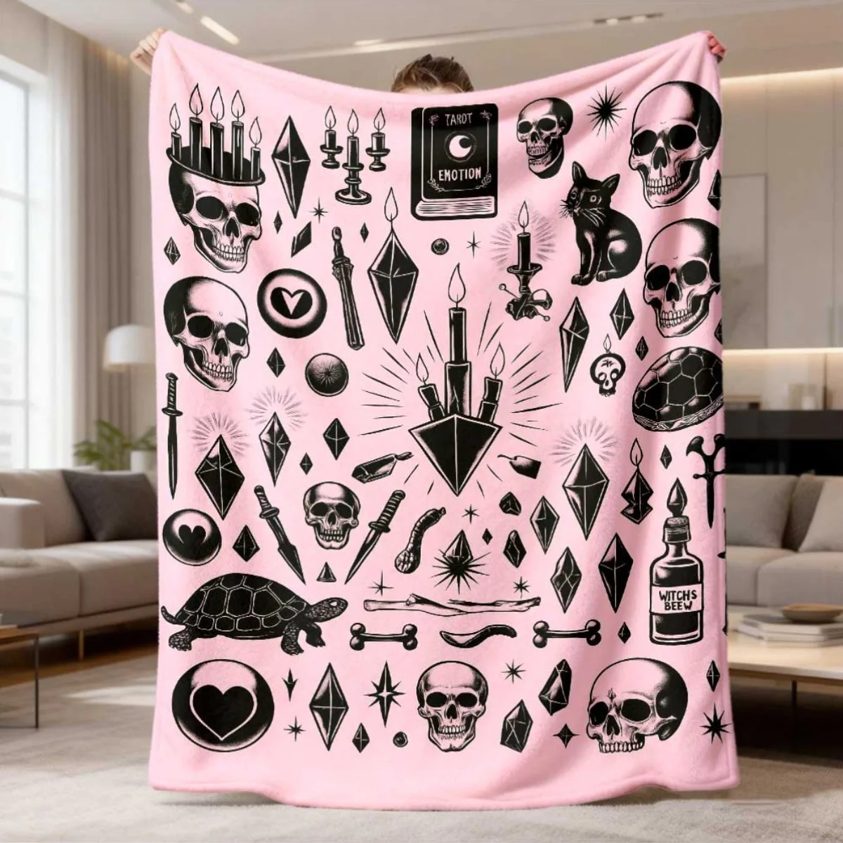 Pastel Pink Gothic Witchy Skull Crystal Retro Occult Art Print Flannel Blanket Warm Throw For Lounge Bedroom Holiday Warm Gift