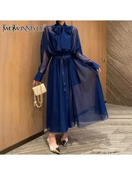 TWOTWINSTYLE Solid Patchwork Bowknot Sexy Dresses For Women O Neck Long Sleeve Spliced Sashes Midi Chic Dress Female Fashion New