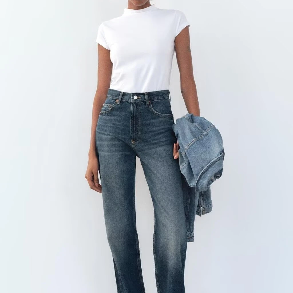 

Spring 2025 New TRF Women's High Waist Wide Leg Jeans Multi-Color Versatile Casual Sle Denim Pants Adult Loose Fit Blue