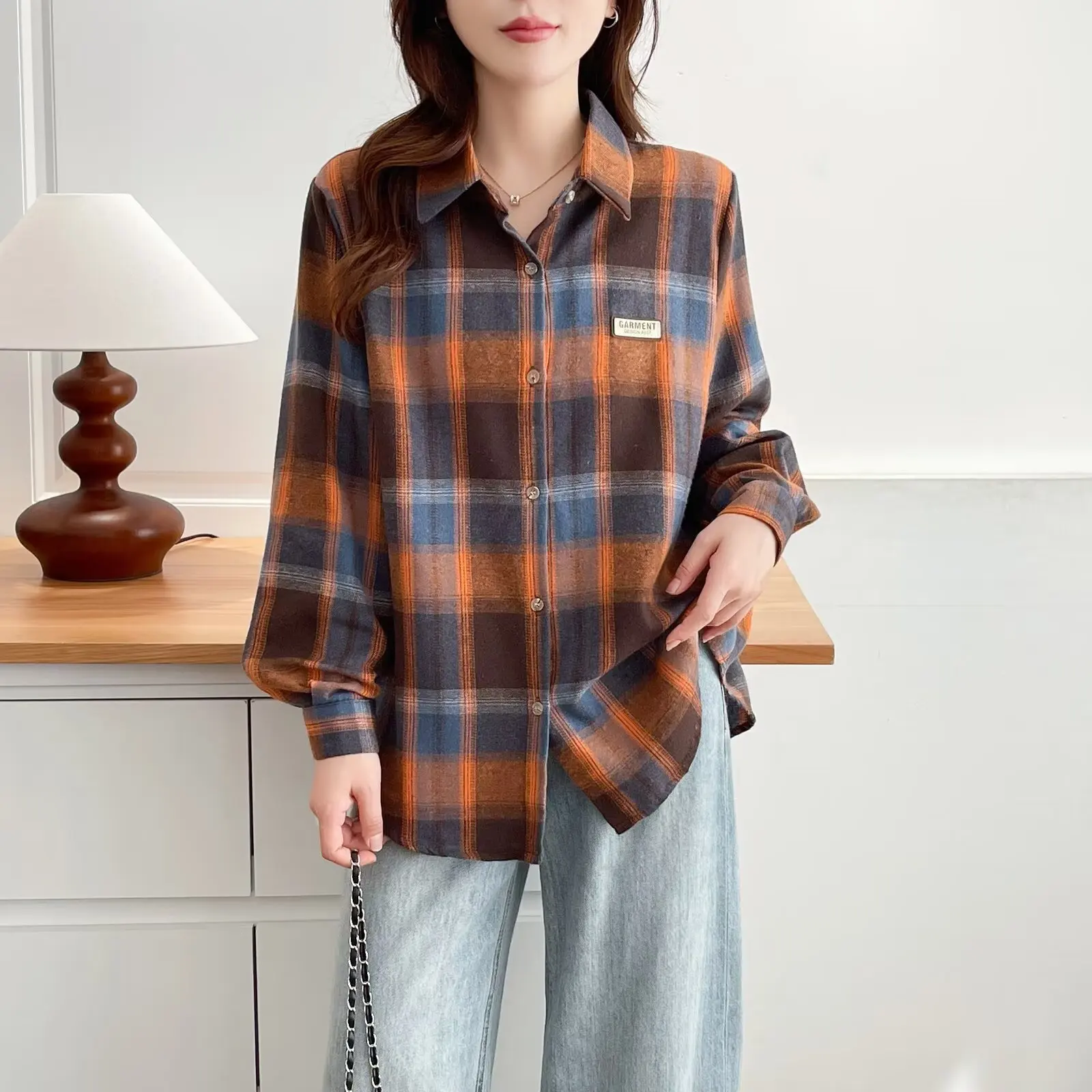 

Fashion Plus Size Women's Blouses 2025 Autumn New Style Retro Versatile Plaid BRUSHED Long Sleeve Shirt 8024
