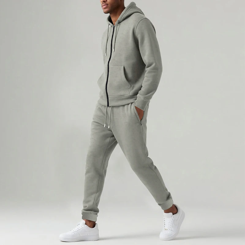 Autumn Winter Mens Fleece Two Piece Sets Streetwear Fashion Solid Color Zip-up Hoodies And Pants Outfits Men Casual Tracksuits