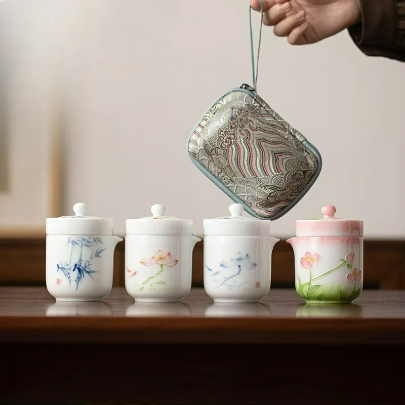 

Ice Translucent Hand Painted Quick Cup Set 1 Pot 3 Cups Dehua White Porcelain Travel Tea Ware Portable Underglaze Brewing Pot