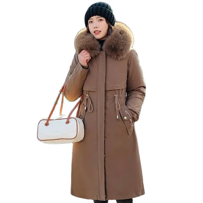 

Winter Women's Parka Big Fur Collar Detachable Double Thick Lining Slim Waist 2022 New Jacket Mid long Casual Cotton Padded Coat