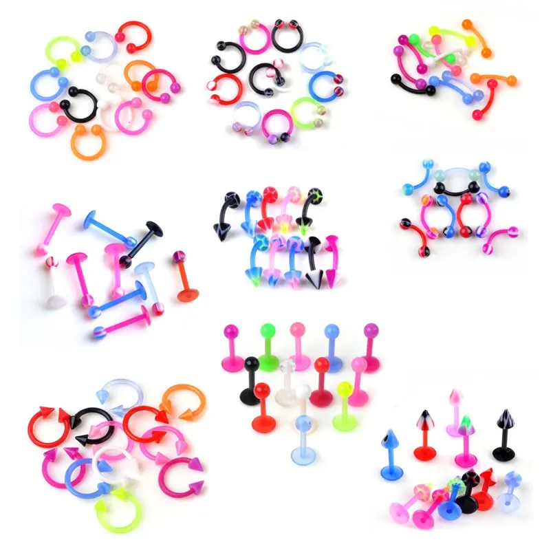 10Pcs/Lot Flexible Colorful Nose Rings Lip Labret Piercing Barbell Tongue Ring Belly Ring Eyebrow Silicone Body Jewelry