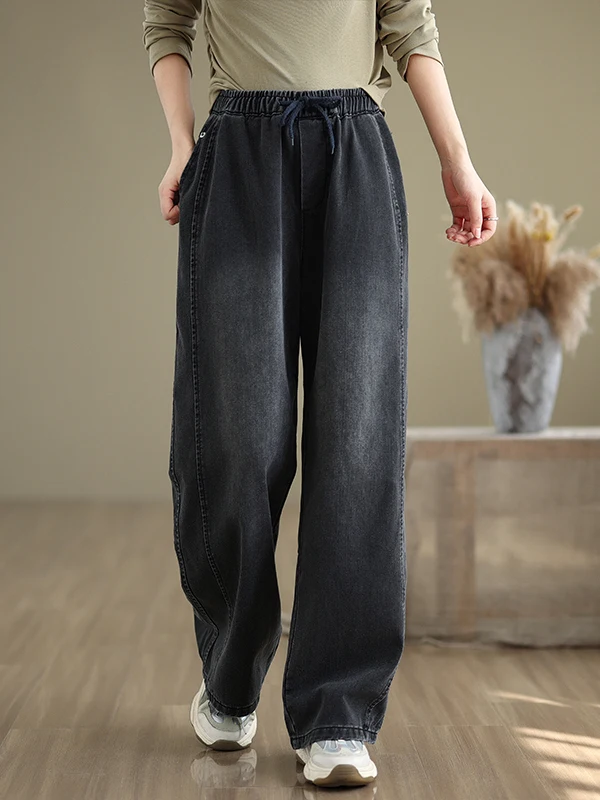 Damskie spodnie jeansowe retro plus size z elastyczną talią, luźne, uniwersalne, z prostymi nogawkami, szerokie nogawki, wyszczuplające, długie spodnie na wiosnę.