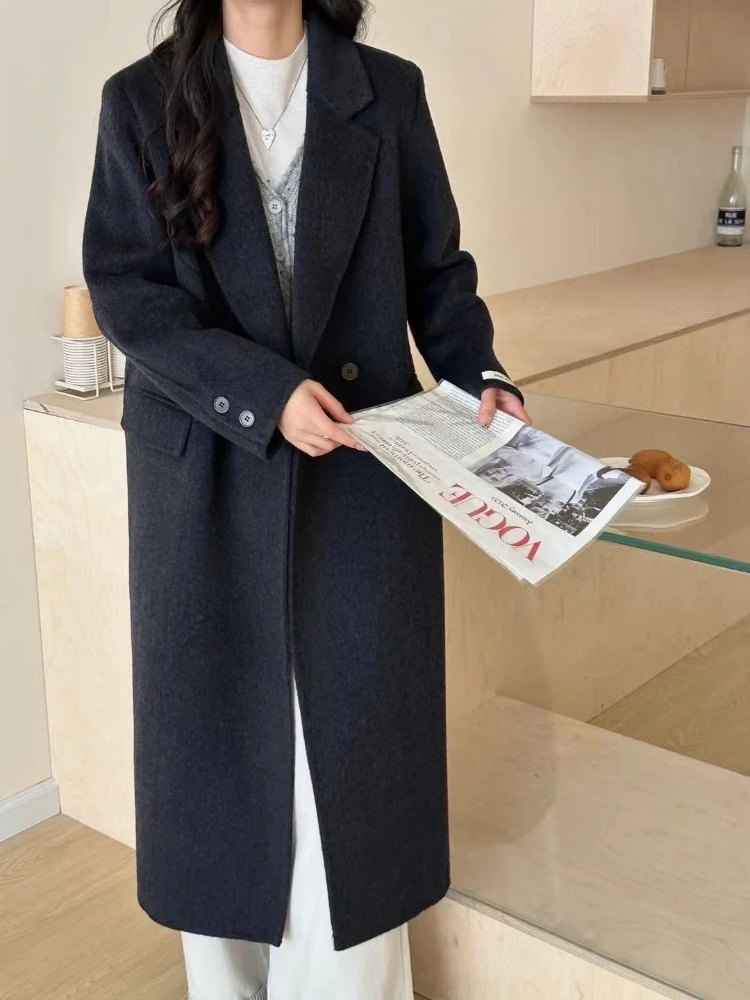 Women Double-Sided Wool Coat Winter Elegant Office Suit Collar Mid-Length Parkas 2025 New Simple OL Thicken Warm Woolen Overcoat