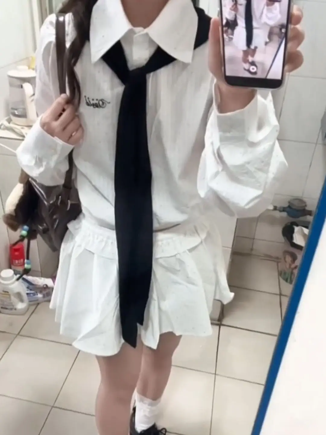 

Fashionable Slimming Long Sleeve Shirt And Short Skirt Set Women's Clothing Spring Season High Waist Pure Color Chic Style