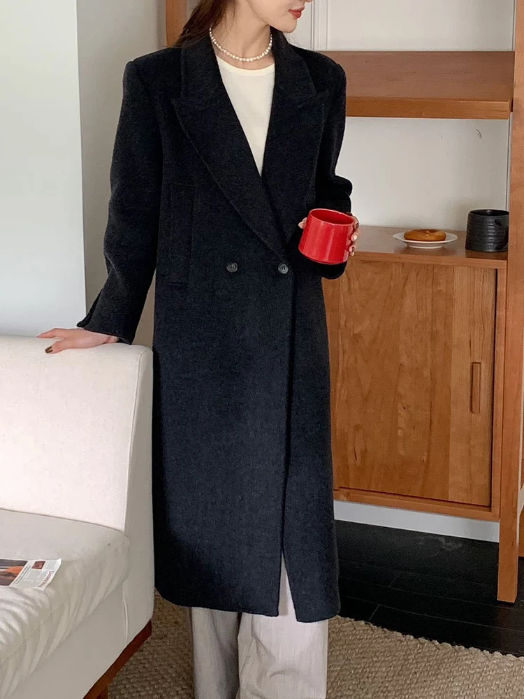 LANMREM Office Lady Two Sided Wool Long Coat Women Notched Collar Double Breasted Clothing Fashion 2024 Winter New 2VV129