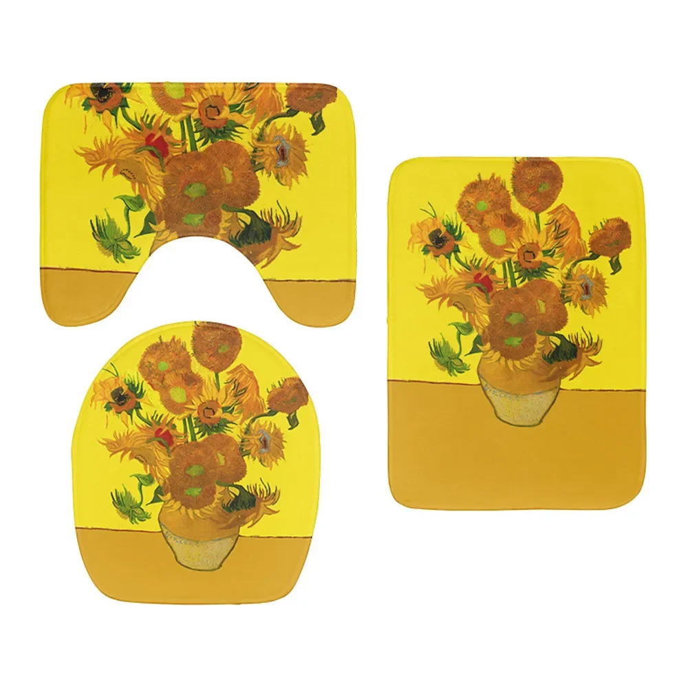 

HX Fashion Toilet Cover Set 3D Printed Van Gogh Oil Painting Sunflower Starry Night Toilet Mat Flannel Three-piece Suit