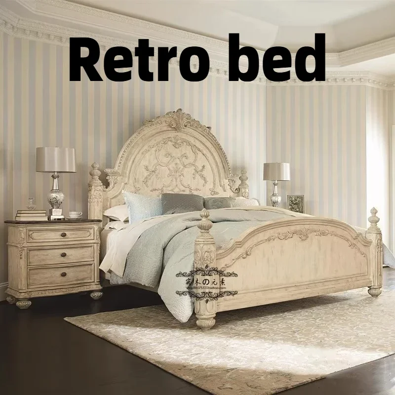 180x200cm Vintage Double Beds Full King Size Wooden Queen Twin Bed 2 People Home Frame Princess Twin European Bedroom Furniture