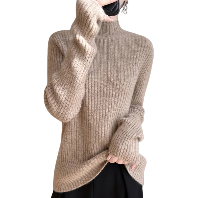 

Thickened Pit Strip Style Pullover Women Knitting Merino Wool blend Sweater Half height Neck Long Sleeves High quality Warm Tops