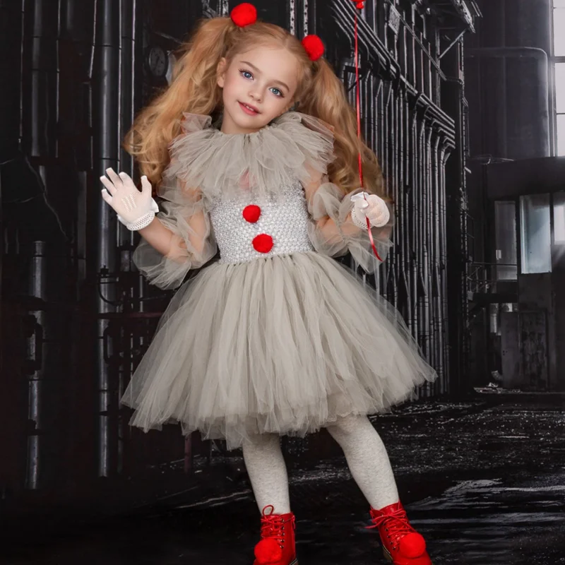 Halloween Girl Joke Dress Gray Clown Costumes Creepy Clown Cosplay Clothes Tutu Dress Children Party Clothing for Kids Halloween